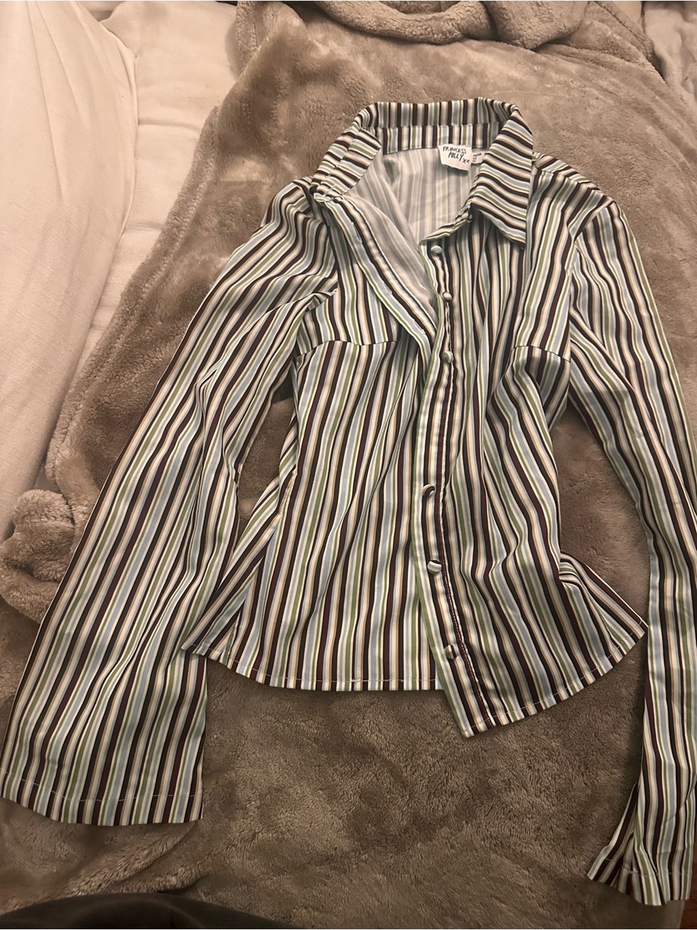 Princess Polly green brown white and blue striped button down top